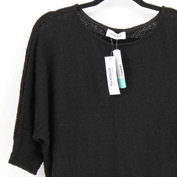 NEW Gilli $68 Medium Black‎ Pointelle Scoop Neck 3/4 Sleeve 100% Cotton Sweater - Picture 2 of 11